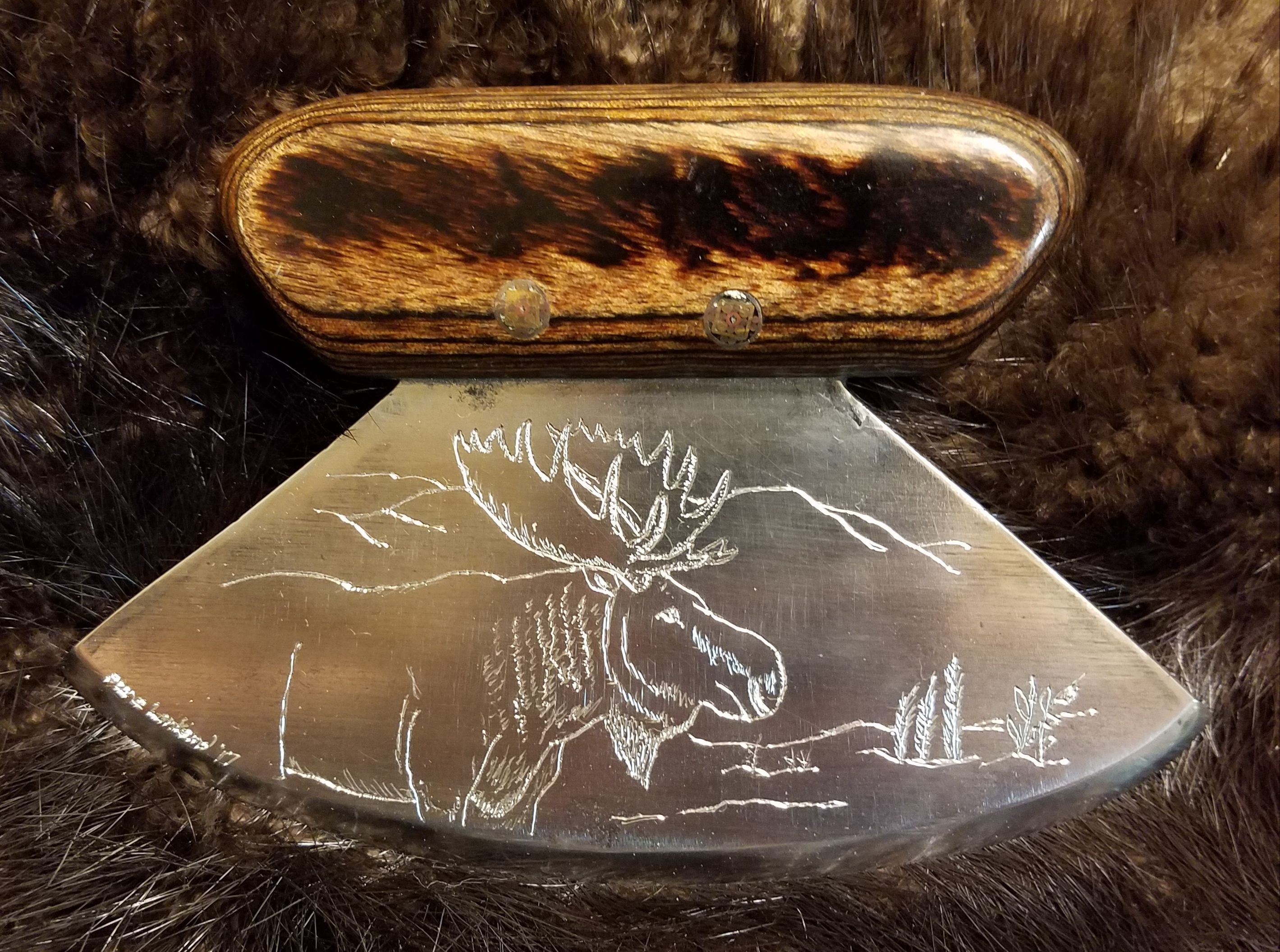 Moose Engraved Ulu on bandsaw L6 steel, with Dymondwood handle,   $110.00   SOLD