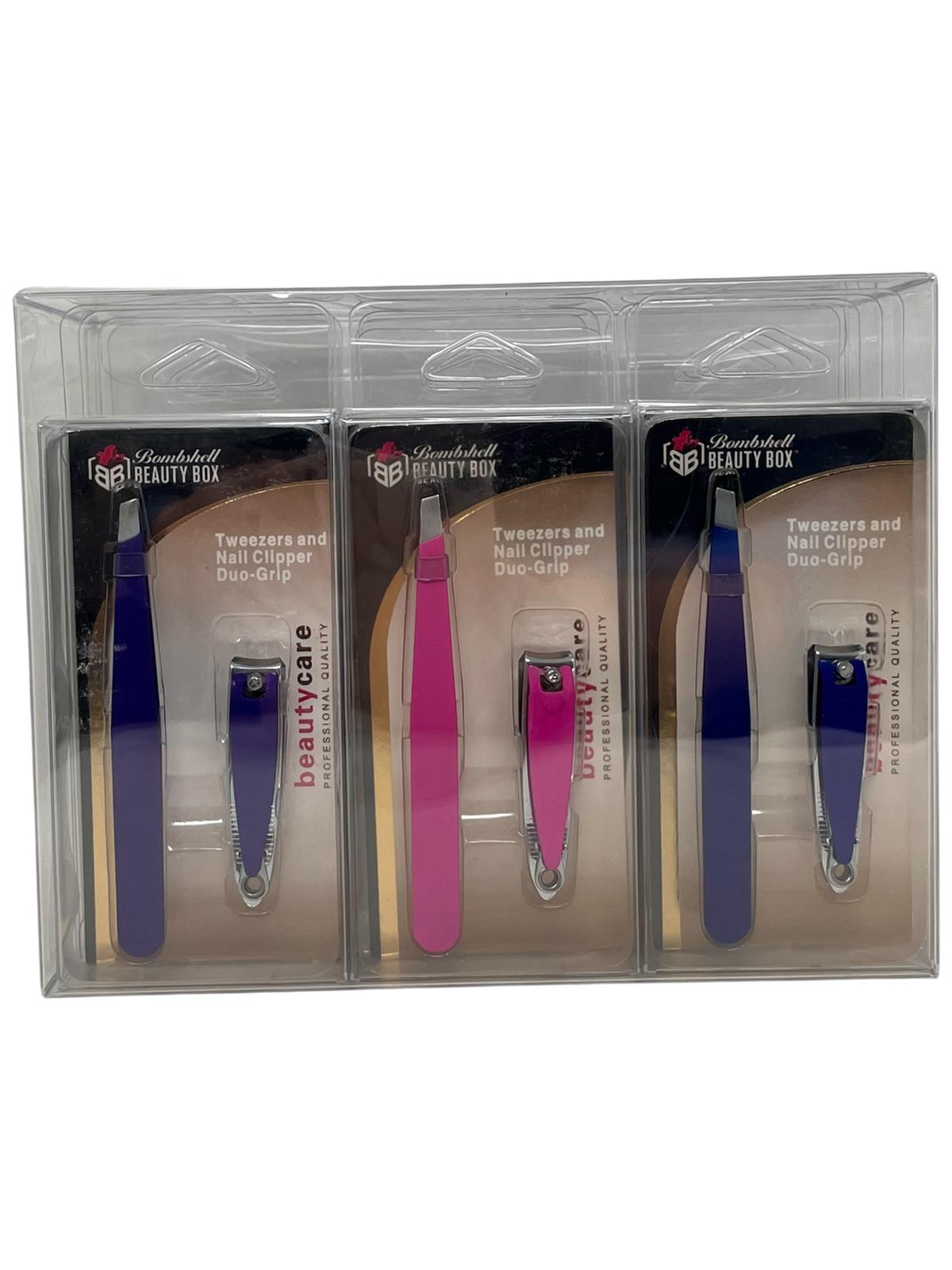 BB-77
TWEEZER &amp; NAIL CLIPPER DUO GRIP 3 COLORS PINK , BLUE &amp; PURPLE 
12 PC