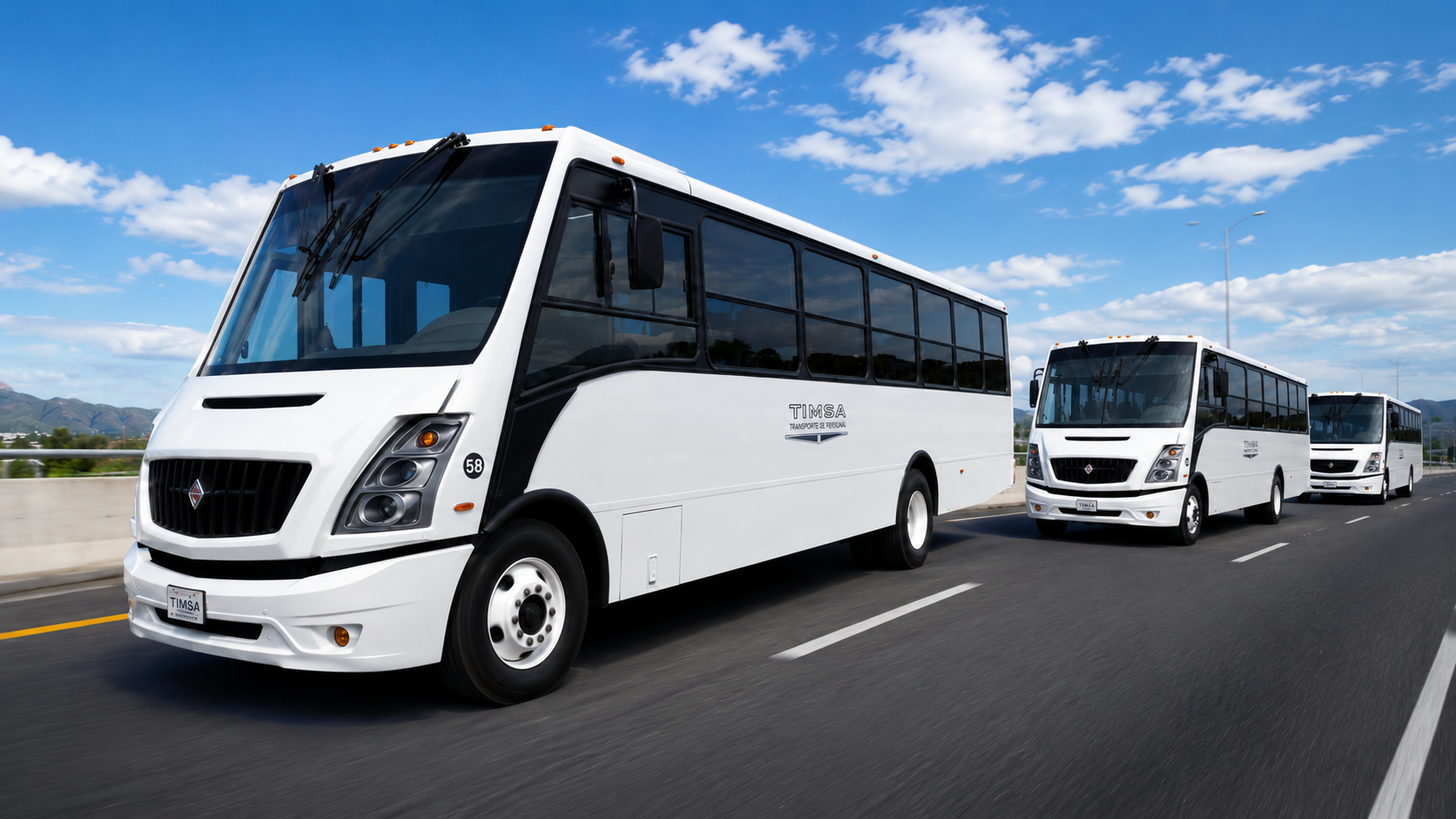 Flota de autobuses blancos TIMSA estacionados en fila con ruta Buenavista bajo cielo nublado