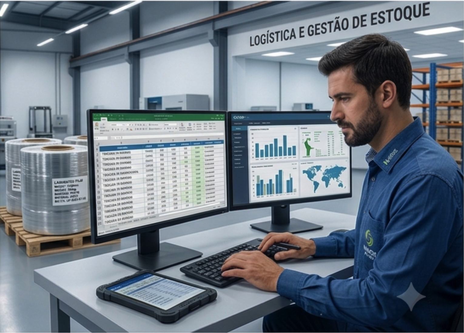 Profissional em escritório moderno analisando dashboards e protótipos em seis monitores para design UX e gestão de projetos