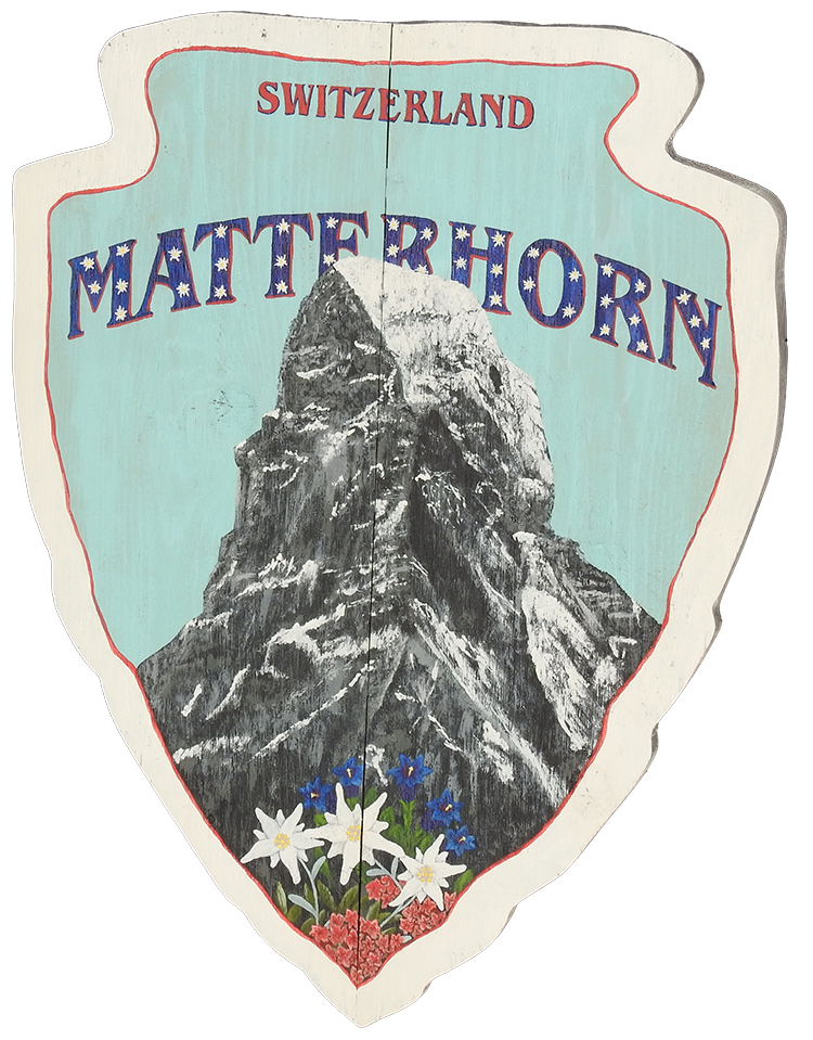 Hand-painted Matterhorn mountain with edelweiss, gentian and alpine rose flowers