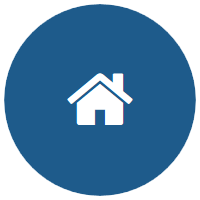 Simple white house icon inside blue circle background, representing home or homepage.