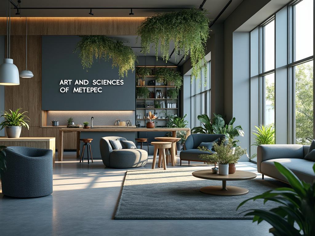 Sala moderna con muebles elegantes, decoración con plantas colgantes y un letrero que dice 'Art and Sciences of Metepec'.