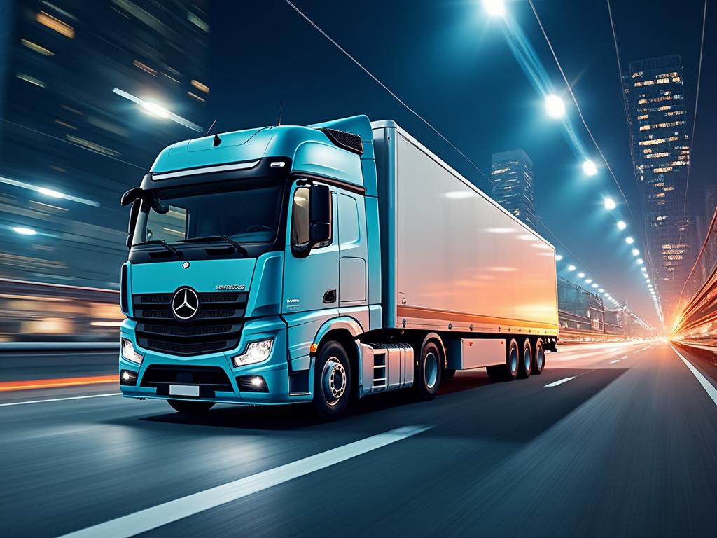 Camión azul de transporte de mercancías circulando por autopista iluminada en ciudad moderna.