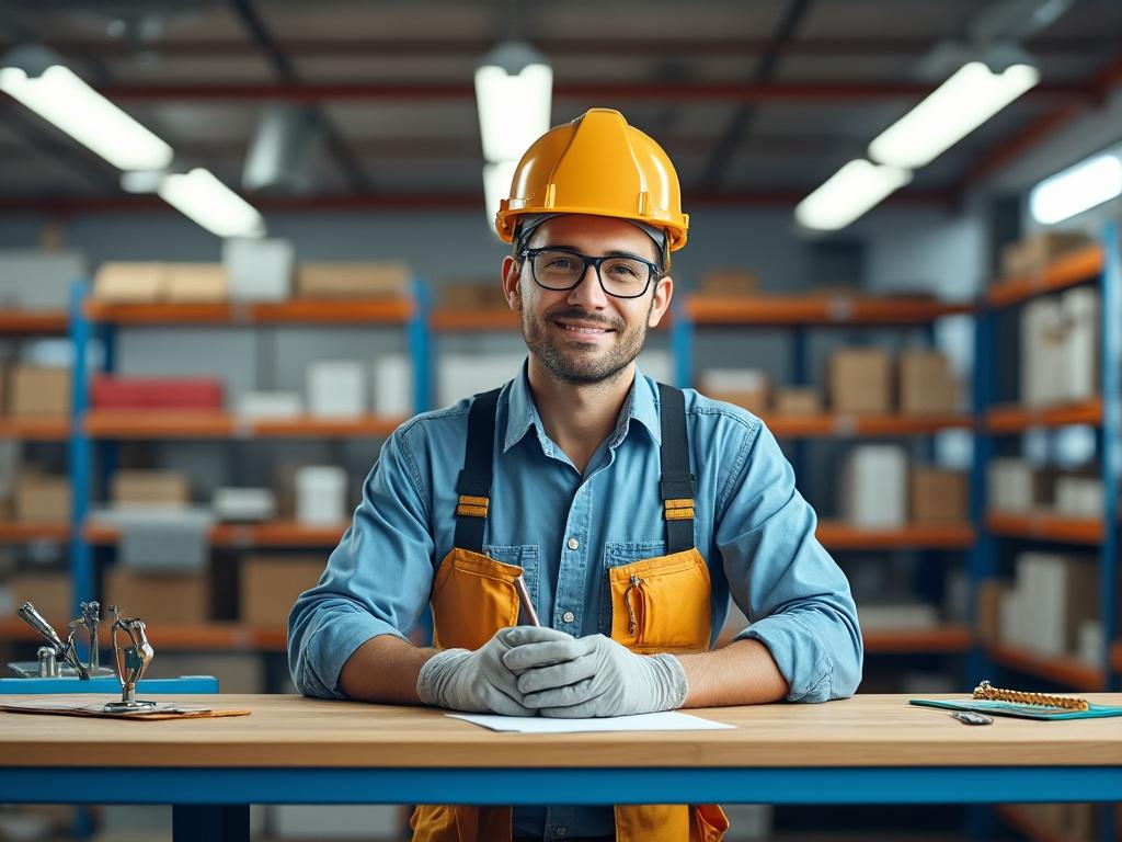 Hombre con casco y chaleco de seguridad en almacén, sentado frente a mesa de trabajo.