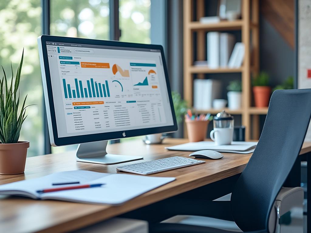 Escritorio moderno con computadora mostrando gráficos y datos, rodeado de plantas y material de oficina.
