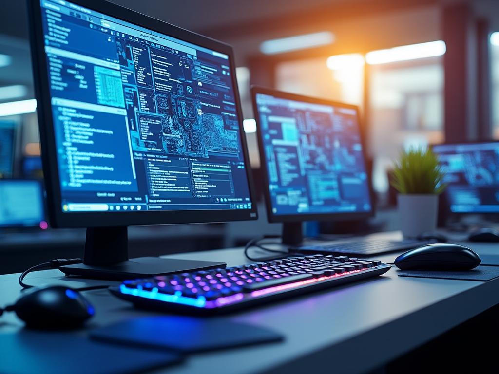 Estación de trabajo con pantallas de computadora mostrando código de programación, teclado iluminado y planta decorativa en oficina moderna.