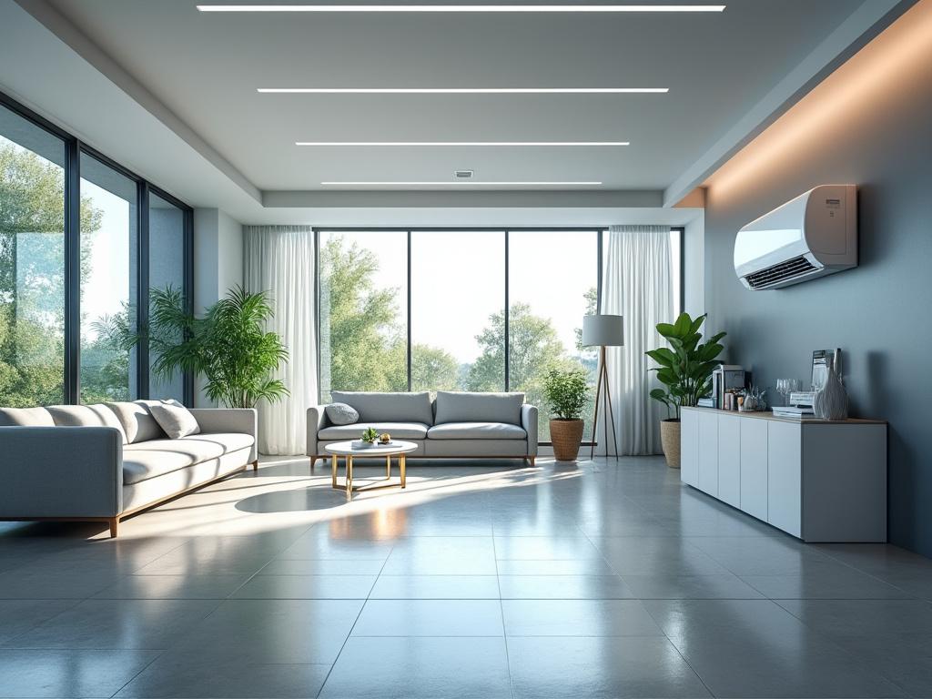 Sala de estar moderna con grandes ventanales, sofás grises, plantas decorativas y unidad de aire acondicionado, inundada de luz natural.