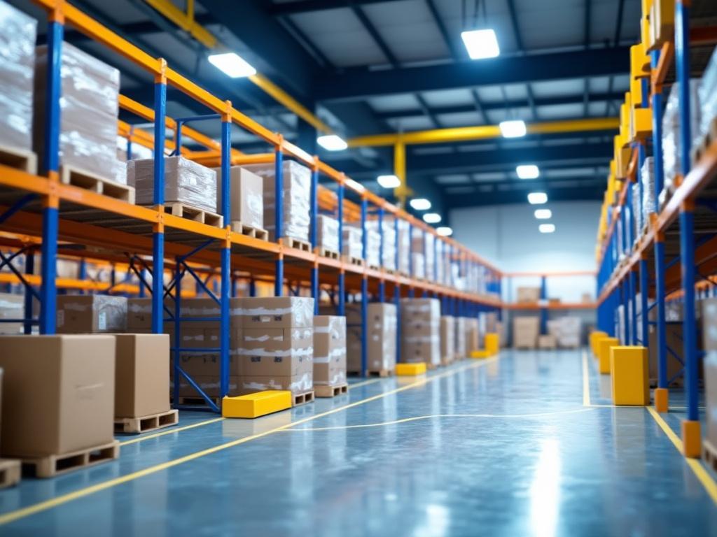 Interior de un gran almacén con estanterías altas llenas de cajas apiladas.