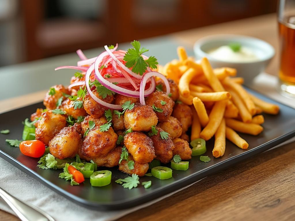 Plato de pollo frito con cebolla morada, cilantro y jalapeños, acompañado de papas fritas, servido en un plato negro.