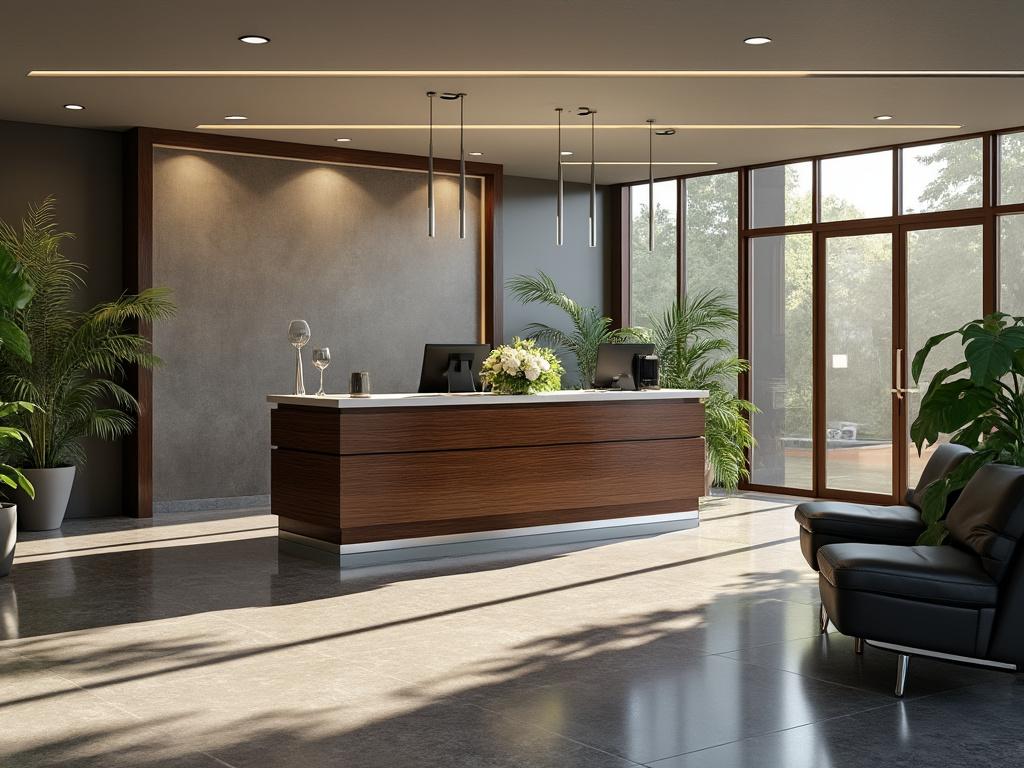 Recepción moderna con mostrador de madera, plantas decorativas, sofás de cuero negro y grandes ventanales que iluminan el espacio. Recepción moderna con mostrador de madera, plantas decorativas, sofás de cuero negro y grandes ventanales que iluminan el espacio.