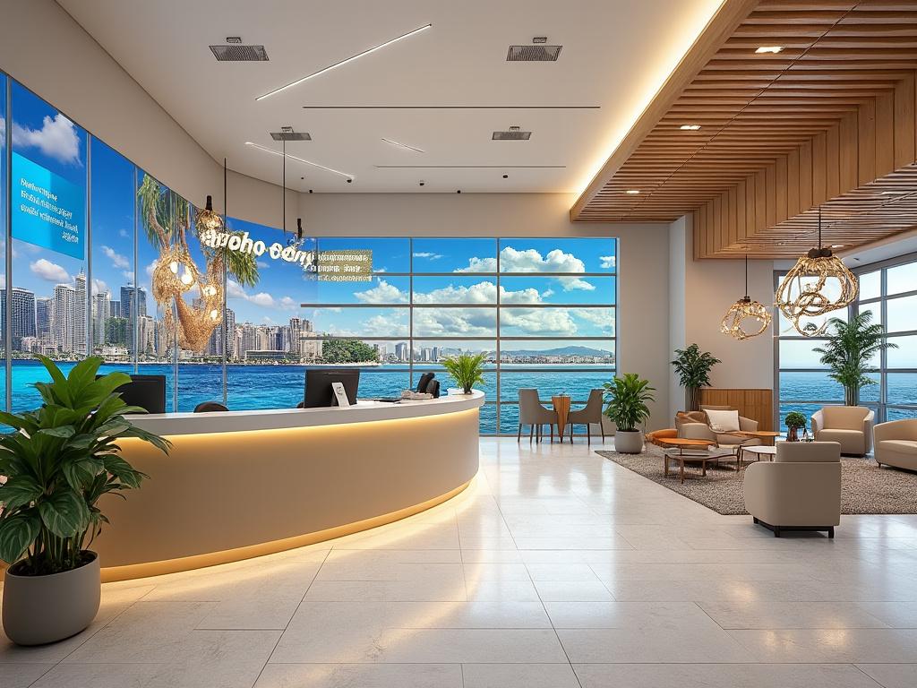 Recepción de hotel moderna con vista al mar y rascacielos, plantas decorativas, mostrador curvo y áreas de estar elegantes.