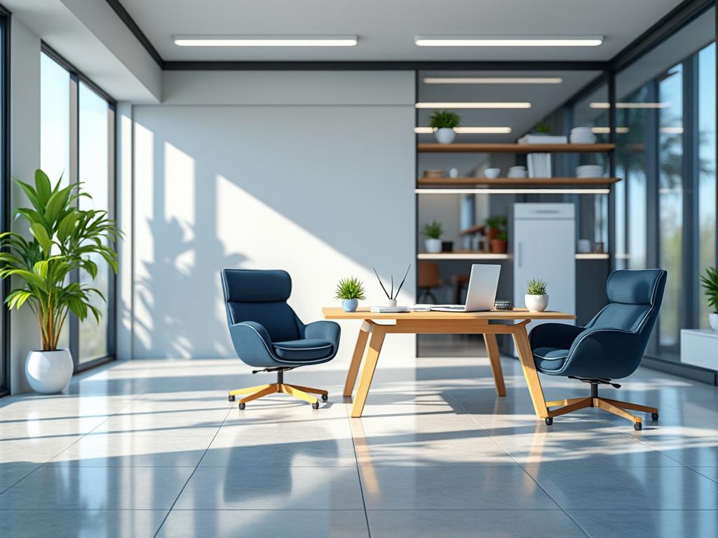 Oficina moderna con escritorios de madera, sillas azules y plantas decorativas, iluminada por luz natural.