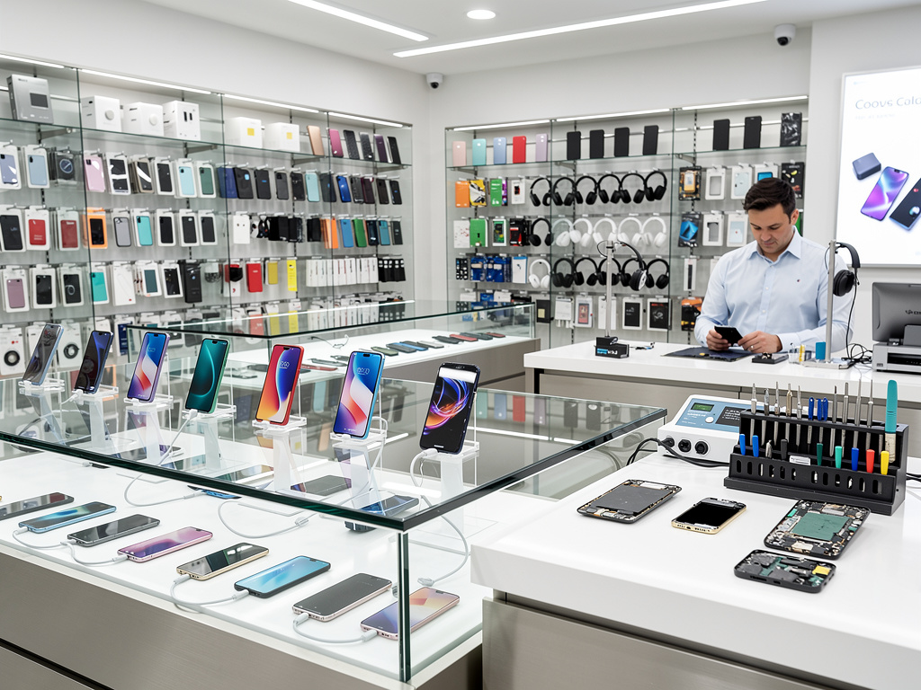 Tienda de reparación de móviles con smartphones en exhibición, accesorios en vitrinas y técnico revisando un teléfono
