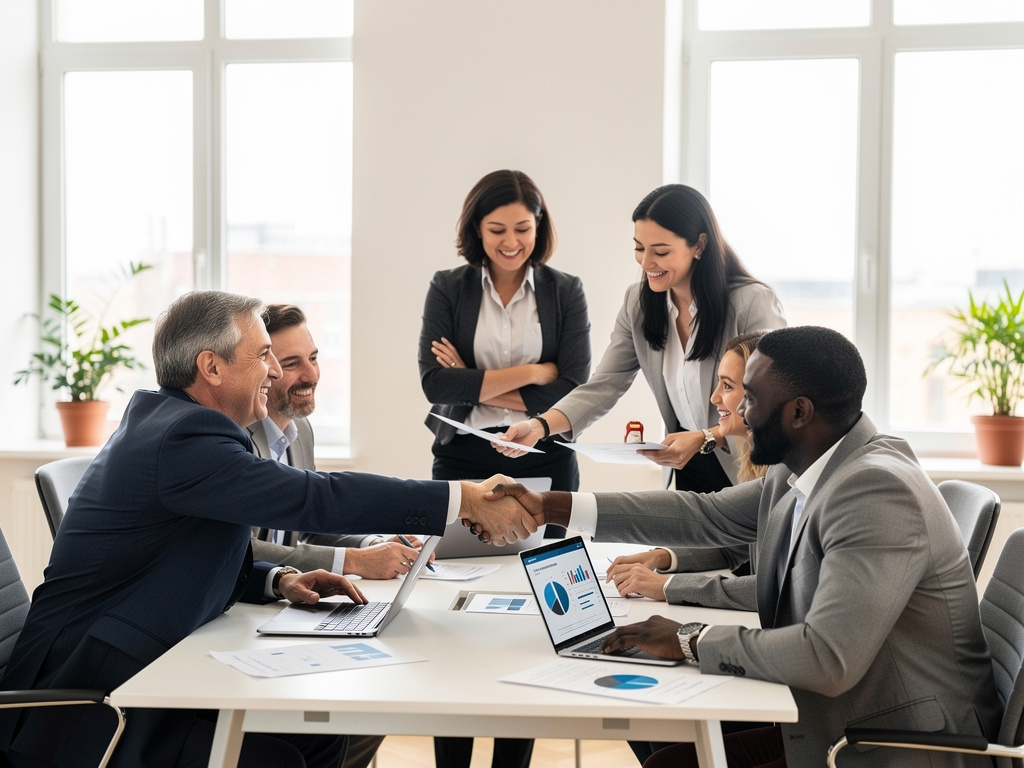 Equipo de negocios diverso estrechando manos en reunión de oficina con portátiles y gráficos financieros