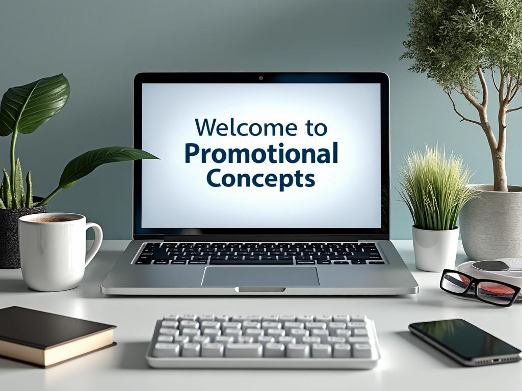 Modern workspace with laptop displaying 'Welcome to Promotional Concepts' on screen, surrounded by coffee mug, plants, smartphone, glasses, and keyboard.