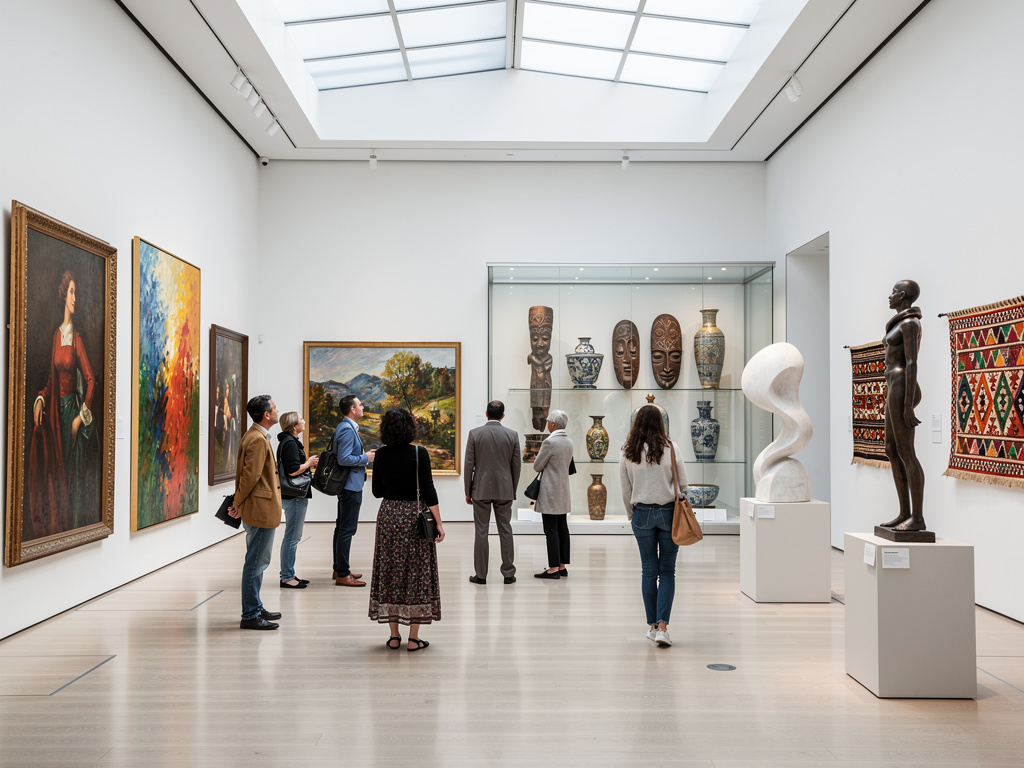 Visitantes observan pinturas, esculturas y arte tribal en una galería de museo moderna con techo de cristal
