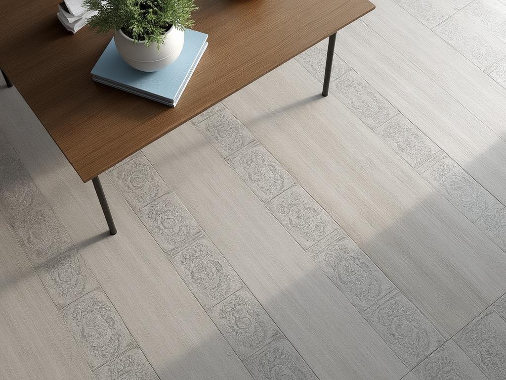 Vista de un suelo de cerámica gris con un patrón decorativo junto a una mesa de madera oscura con una planta y libros sobre ella.