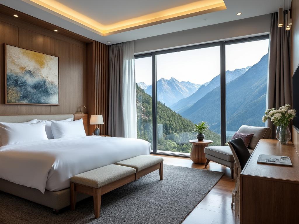 Habitación de hotel elegante con cama grande, vistas panorámicas a las montañas, decoración moderna y ventanal amplio.