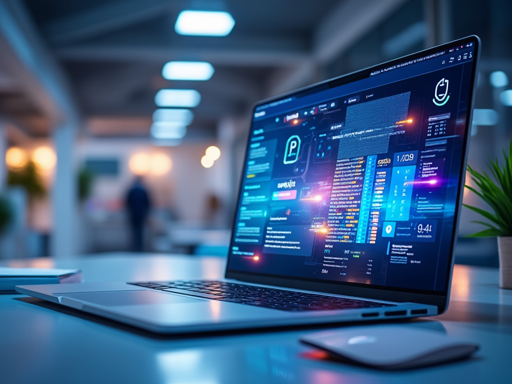 Modern office setting with a laptop displaying a colorful coding interface, surrounded by blurred lights and indoor plants.