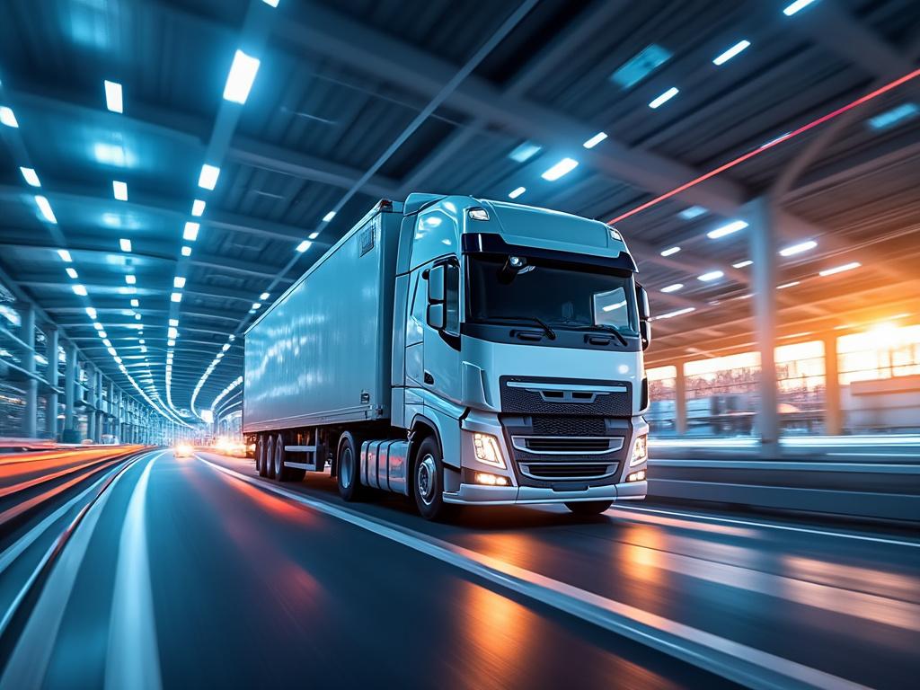 Camión blanco de carga circulando por una carretera cubierta, con luces brillantes y trazos de movimiento, durante el atardecer.