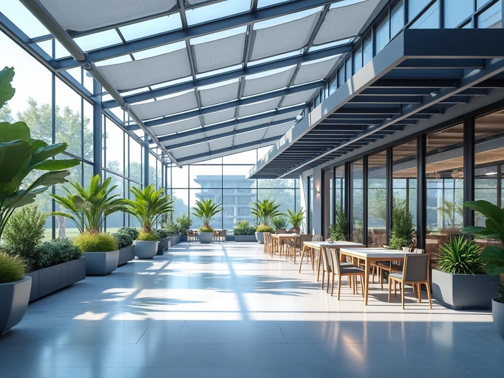 Interior de cafetería moderna con techo acristalado, plantas decorativas y mesas de madera. Interior de cafetería moderna con techo acristalado, plantas decorativas y mesas de madera.