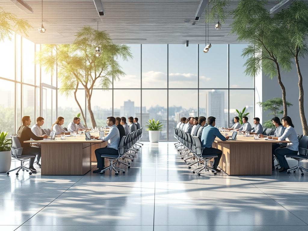 Reunión de negocios en una moderna sala de conferencias con paredes de vidrio, mesa larga de madera y árboles decorativos.