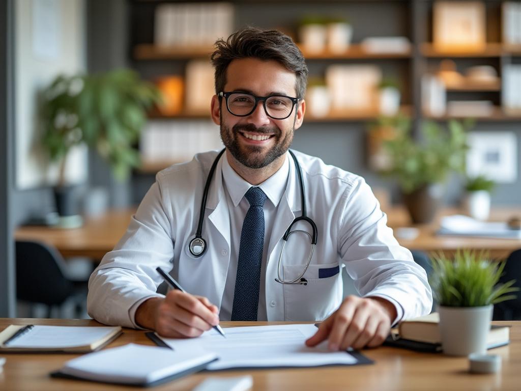 Doctor sonriendo en una oficina moderna, con estetoscopio y papeles sobre la mesa.