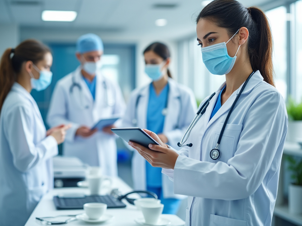 Grupo de médicos con mascarillas trabajando en un hospital, revisando documentos y usando una tableta.
