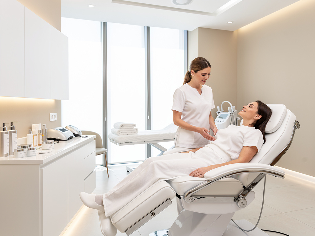 Esteticista atendiendo a una paciente en camilla de tratamiento facial en clínica estética moderna y luminosa Esteticista atendiendo a una paciente en camilla de tratamiento facial en clínica estética moderna y luminosa