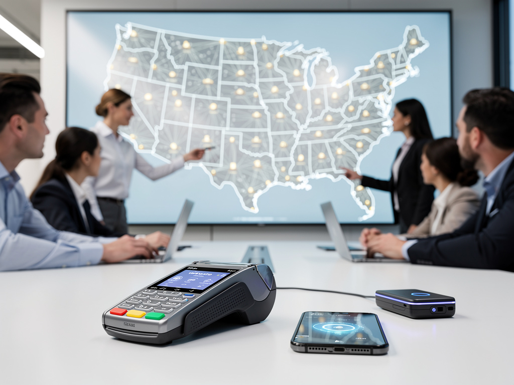 Business team discussing nationwide payment technology network with POS terminal, smartphone, and U.S. map display