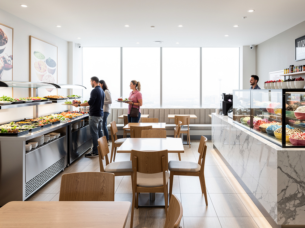 Interior de cafetería moderna con barra de ensaladas, vitrinas de postres y clientes eligiendo comida