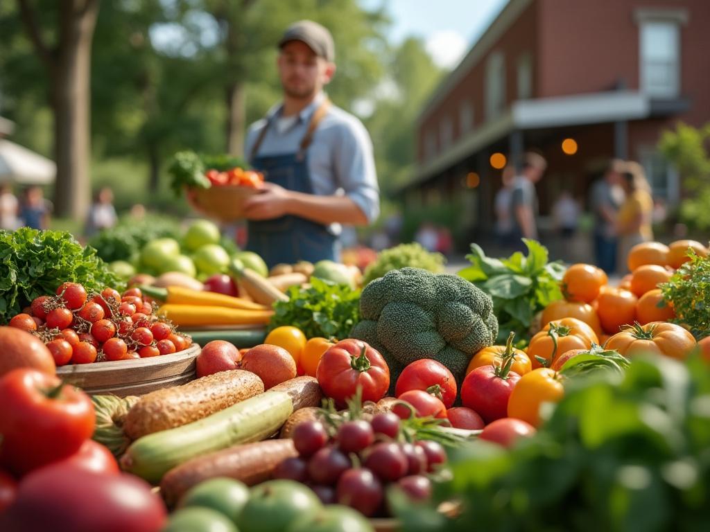 Vibrant farmers market display with fresh vegetables and fruits, including tomatoes, broccoli, peppers, and lettuce, with a vendor in the background.
