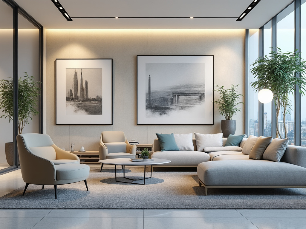 Sala moderna con muebles beige, cuadros en blanco y negro, plantas en macetas grandes y ventana panorámica.