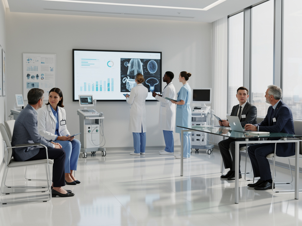 Equipo médico en sala de reuniones de hospital analizando radiografías y gráficos de salud en pantalla digital