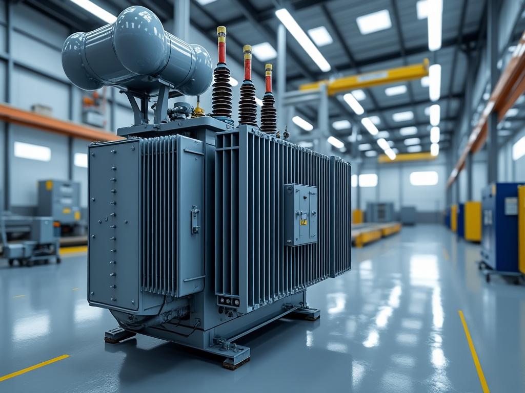 Transformador eléctrico industrial en una planta de producción moderna con iluminación brillante y piso reflectante.