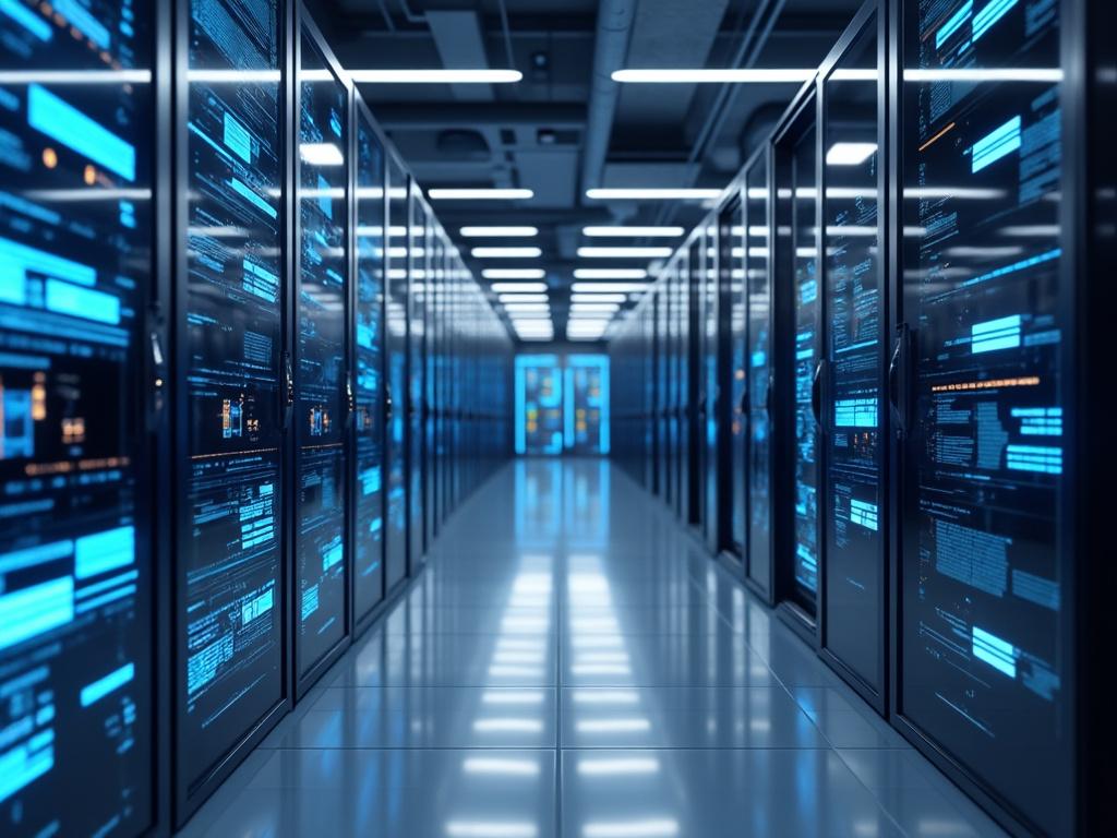 Pasillo de un centro de datos con servidores iluminados y paneles de información digital.