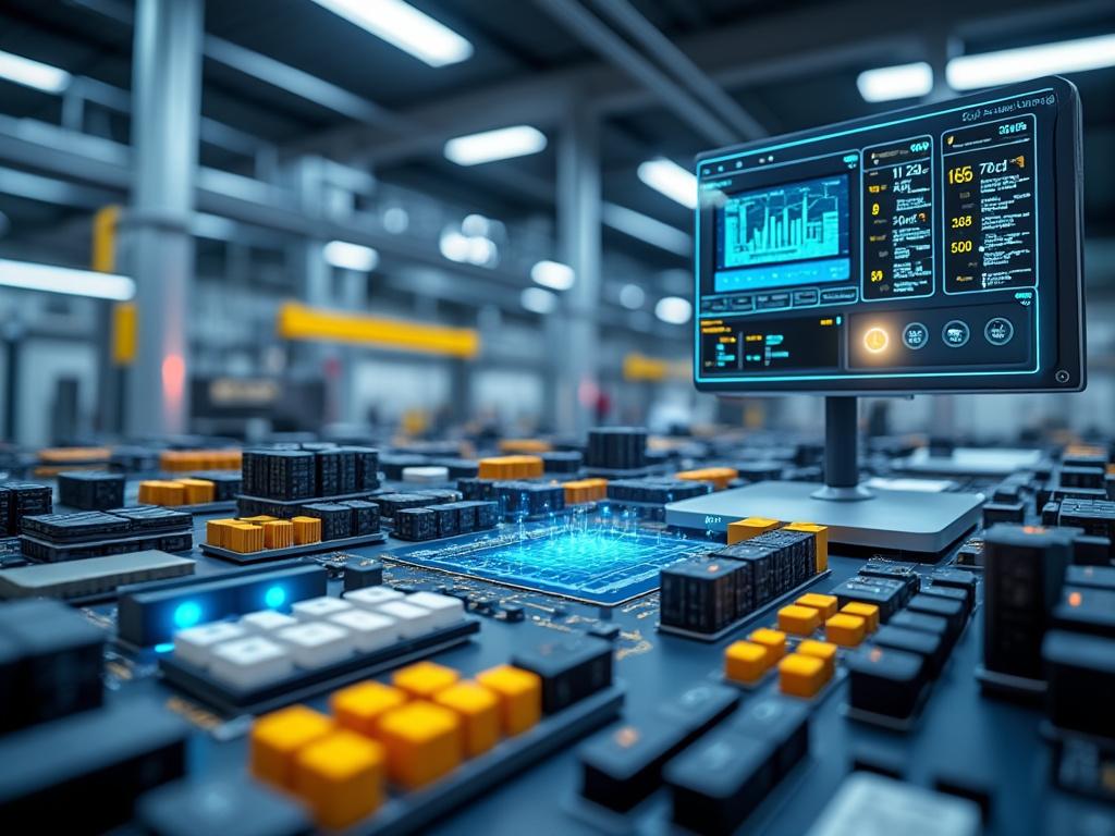 Interior de una fábrica moderna con tecnología avanzada, mostrando una pantalla digital con datos y gráficos rodeada de equipos electrónicos y componentes en una cinta transportadora.