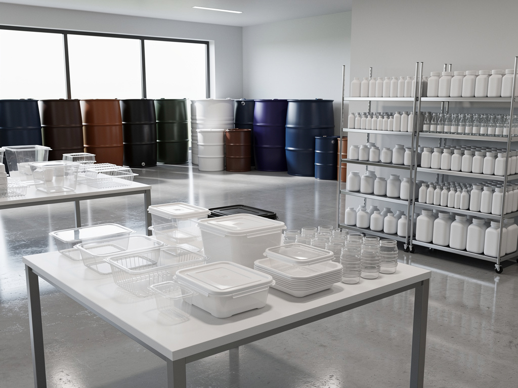 Almacén industrial con envases plásticos, bidones de colores y estanterías con botellas blancas
