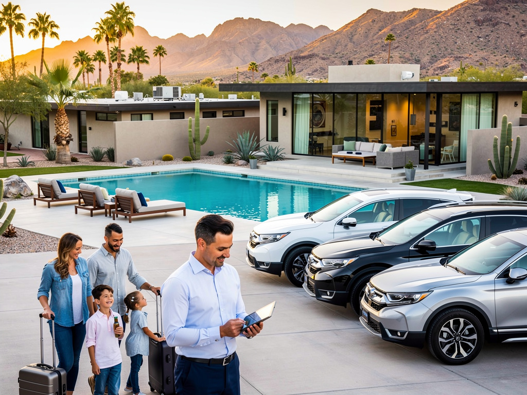 Family arriving at luxury Palm Springs vacation rental with pool, mountain views, palm trees and parked SUVs