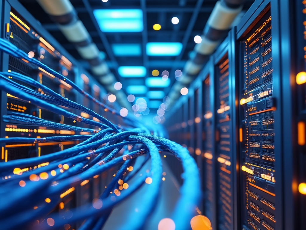 Centro de datos con servidores y cables azules iluminados.
