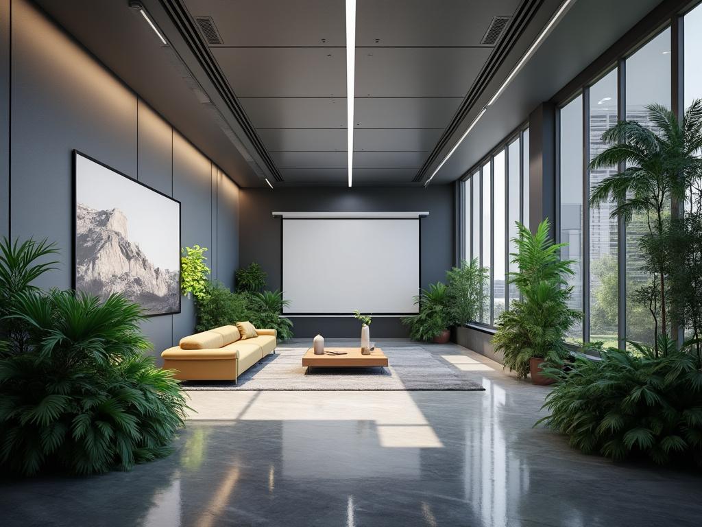 Sala de estar moderna con sofá amarillo, pantalla blanca, plantas verdes y grandes ventanas que permiten la entrada de luz natural. Sala de estar moderna con sofá amarillo, pantalla blanca, plantas verdes y grandes ventanas que permiten la entrada de luz natural.