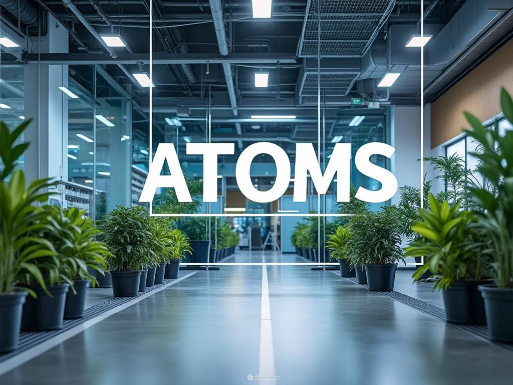 Pasillo moderno con plantas en macetas y gran letrero que dice 'ATOMS'. Techos industriales y suelo pulido reflejan un ambiente profesional.