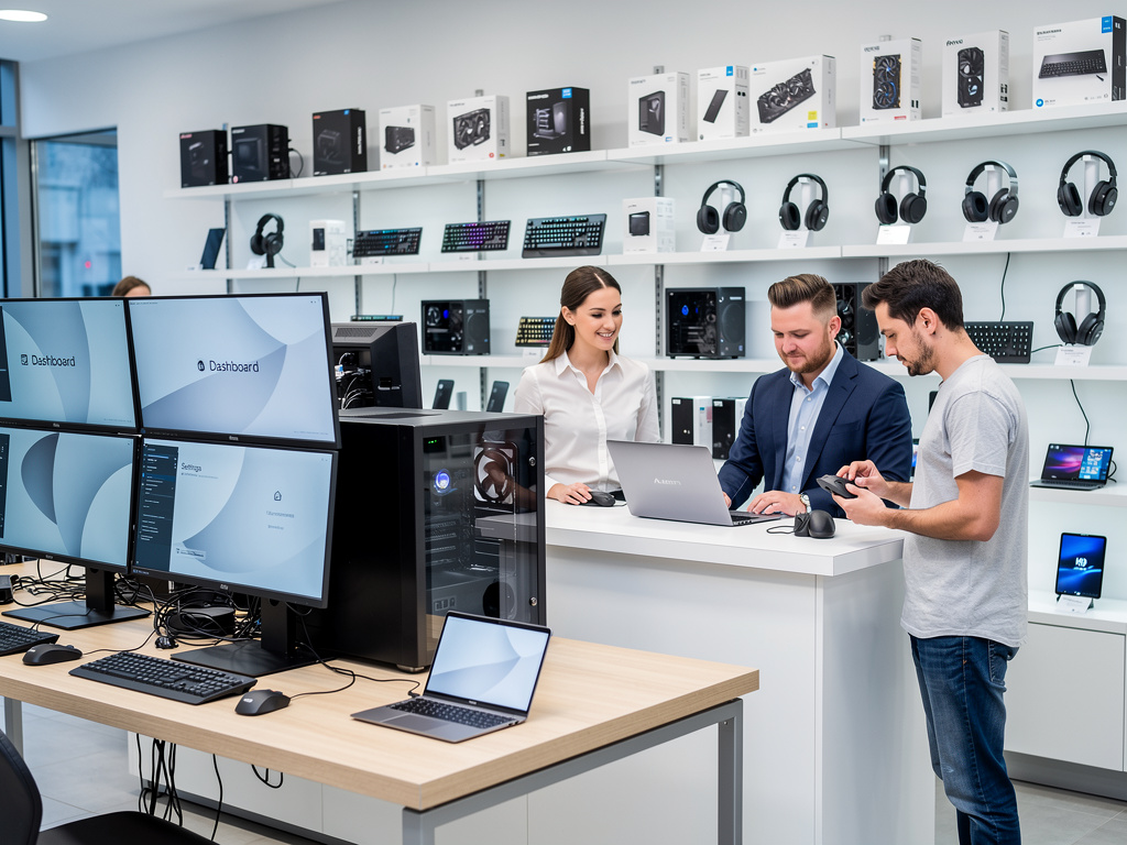 Tienda de informática con empleados atendiendo a cliente, ordenadores, monitores, portátiles, periféricos y accesorios gaming en exhibición