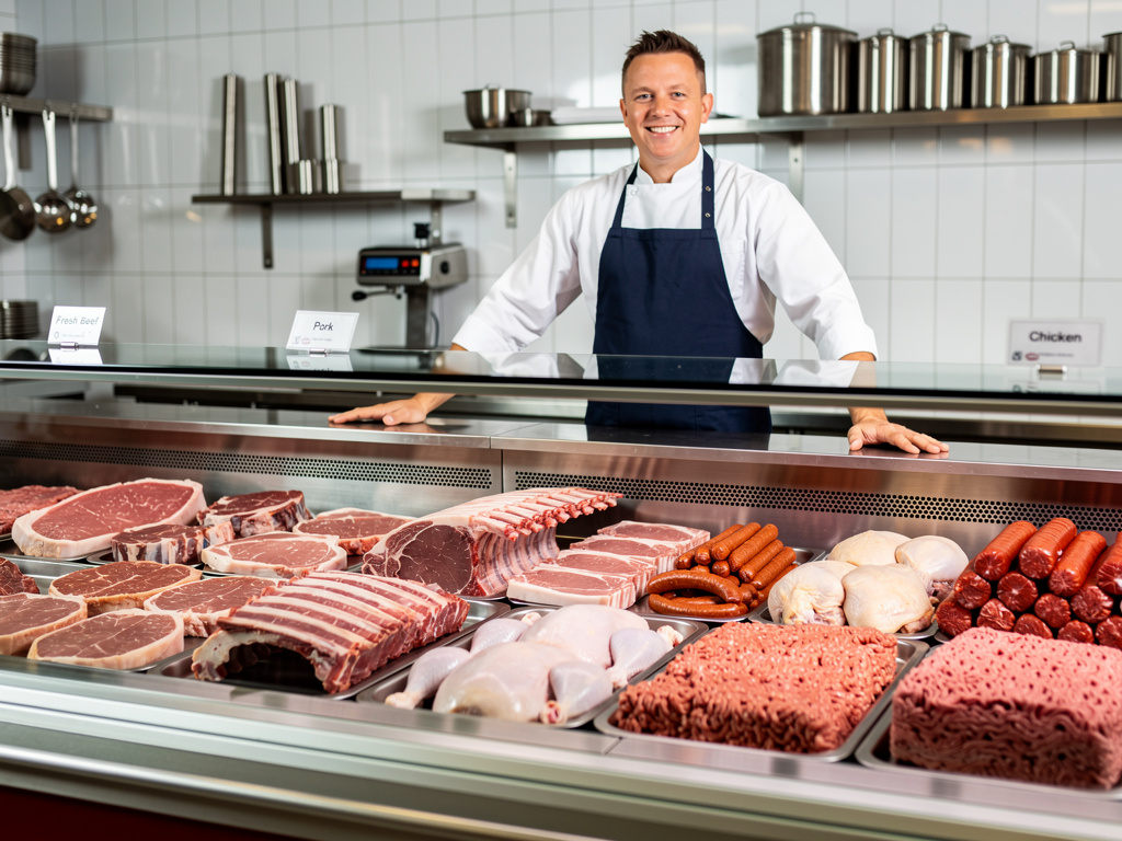 Carnicero sonriente en una carnicería con vitrina de carnes frescas, pollo, salchichas y cortes de res
