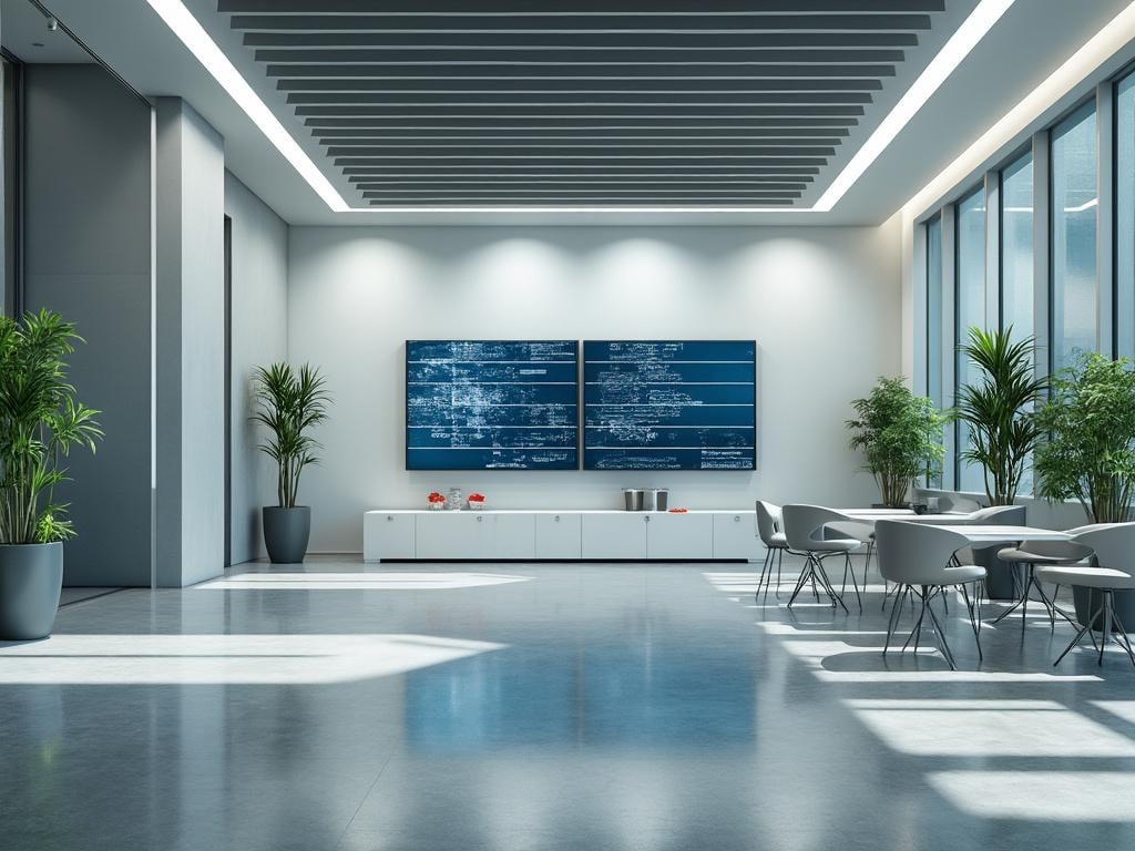 Moderna sala de estar con mesas, sillas grises, plantas en macetas y cuadros azules en la pared.