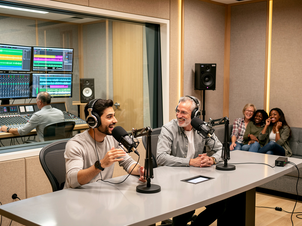 Estudio de podcast profesional con presentadores usando micrófonos y auriculares, sala de control de audio y público al fondo