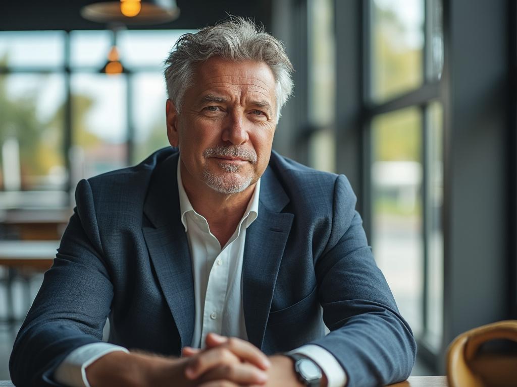 Mature man in a suit sitting at a table by a window in a modern cafe with warm lighting. Mature man in a suit sitting at a table by a window in a modern cafe with warm lighting.