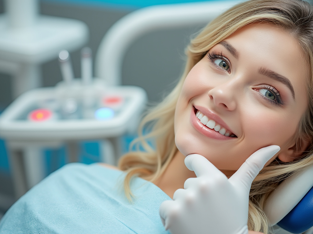 Mujer sonriente en el dentista con pulgar hacia arriba, en una silla de tratamiento.