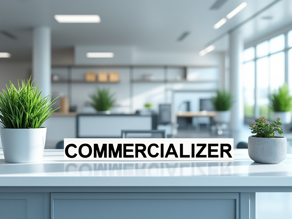 Interior de oficina moderna con plantas y letrero que dice 'Commercializer' en una mesa.